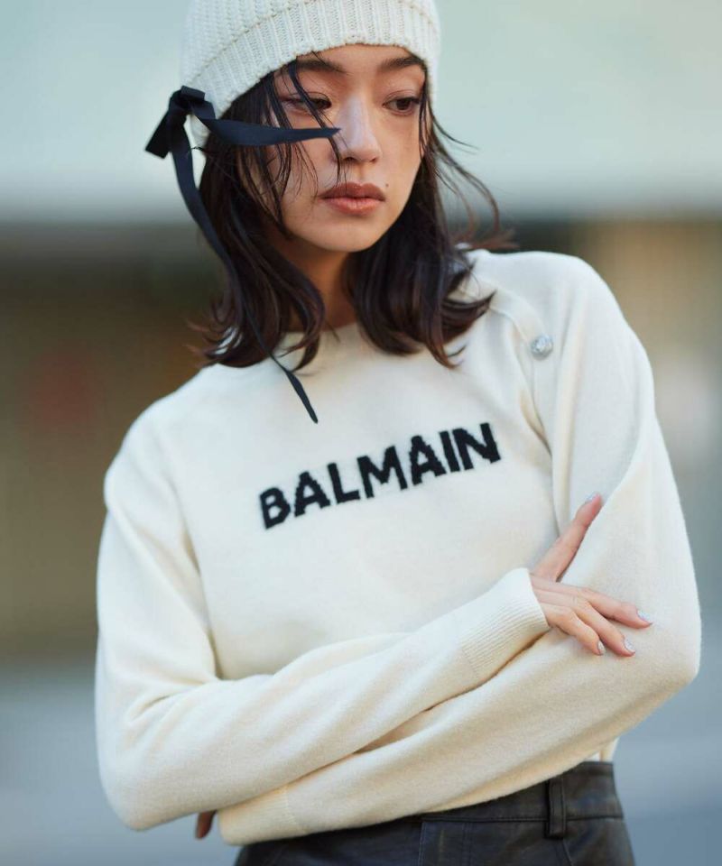 BALMAIN バルマン ロゴ刺繍ニット クロップド スウェットシャツ トップス BALMAIN バルマン ロゴ刺繍ニット クロップド スウェットシャツ