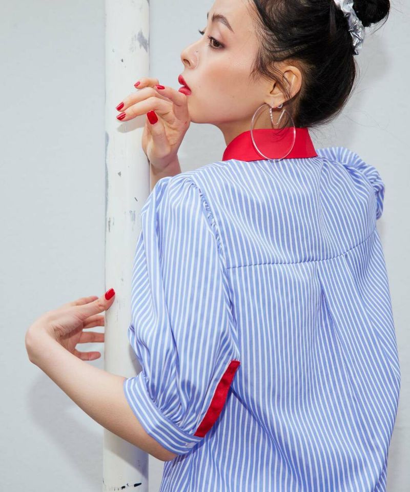 ブラウス シャツ 「Narcissus」ストライプパフブラウス レディース Sawa a la mode レディース トップス ブラウス シャツ ブルー 5